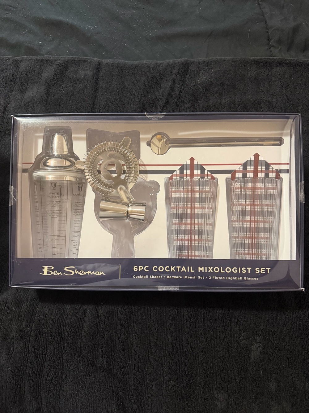 Ben Sherman Silver Cocktail Mixologist Set with Plaid Glasses